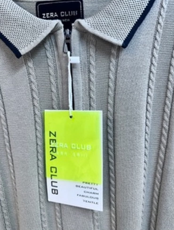 ZERA CLUB Men's Beige Cable Knit Polo Shirt with Zipper