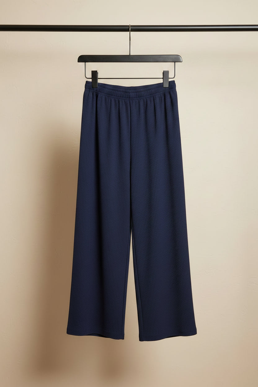 Women's Navy Blue Textured Knit Drawstring Wide Leg Trousers