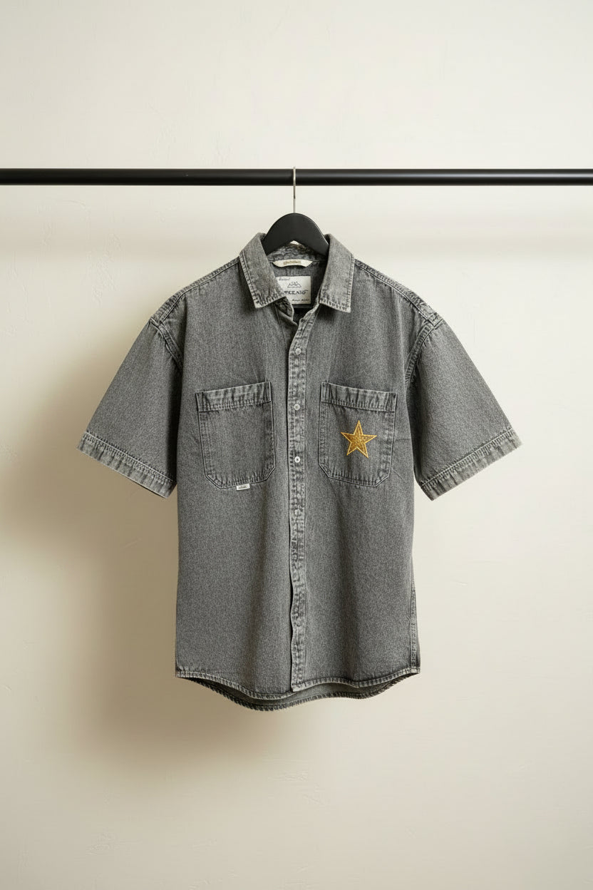 Men's I DOZ PLUS Grey Washed Denim Short Sleeve Shirt with Christian Dior Embroidery