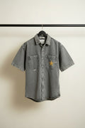 Men's I DOZ PLUS Grey Washed Denim Short Sleeve Shirt with Christian Dior Embroidery
