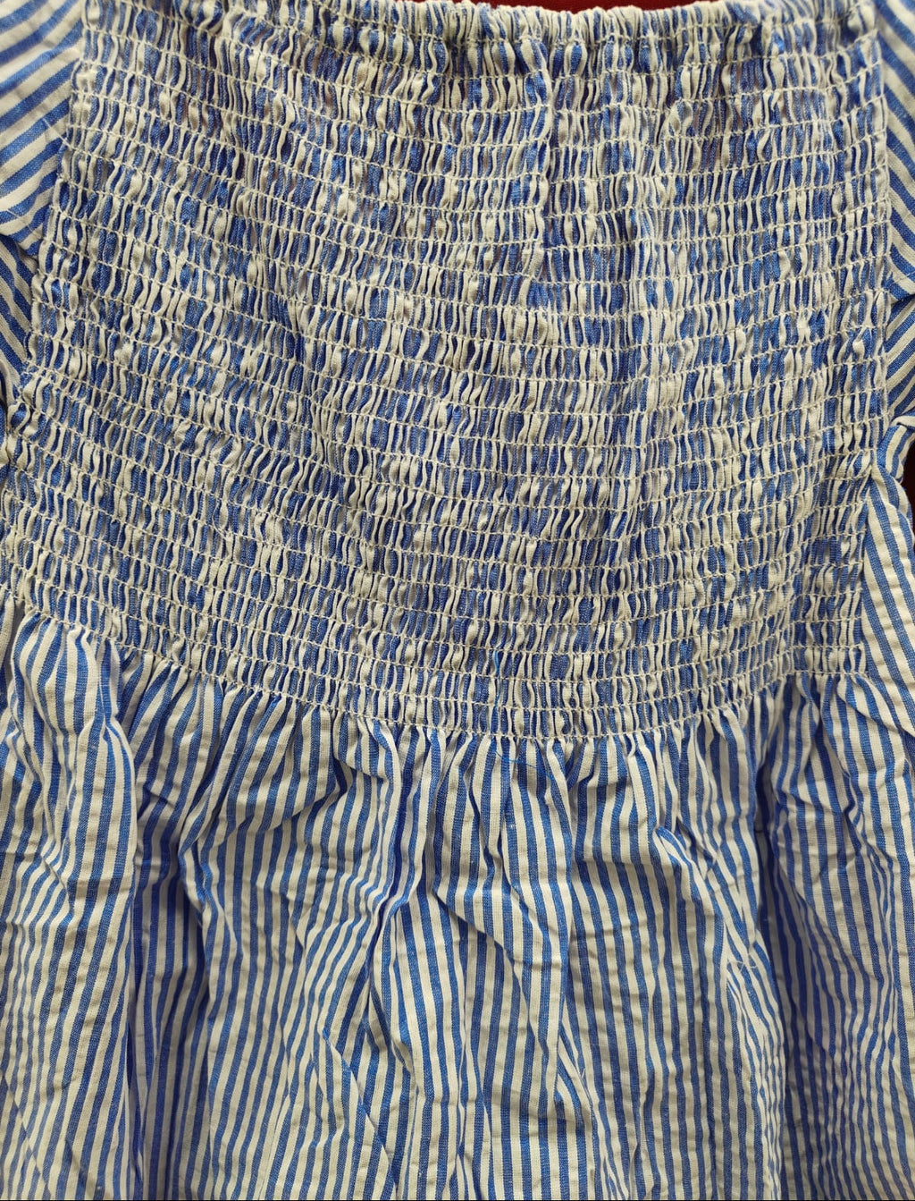Blue and White Striped Off-Shoulder Smocked Peplum Top