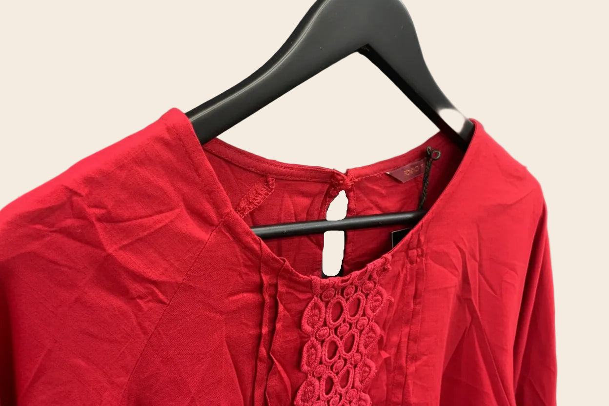 TOKYO TALKIES Women's Red Embroidered 3/4 Sleeve Top