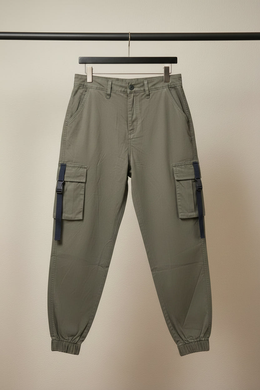 Men's Olive Green Cargo Jogger Pants with Buckle Detail