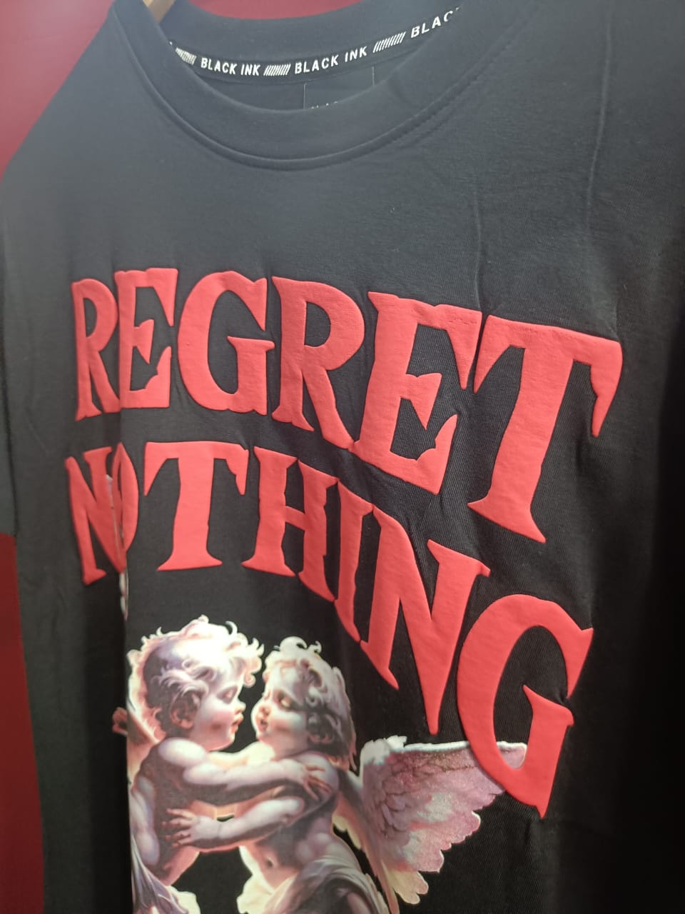 BLACK INK Men's Black Regret Nothing Cherub Graphic T-Shirt