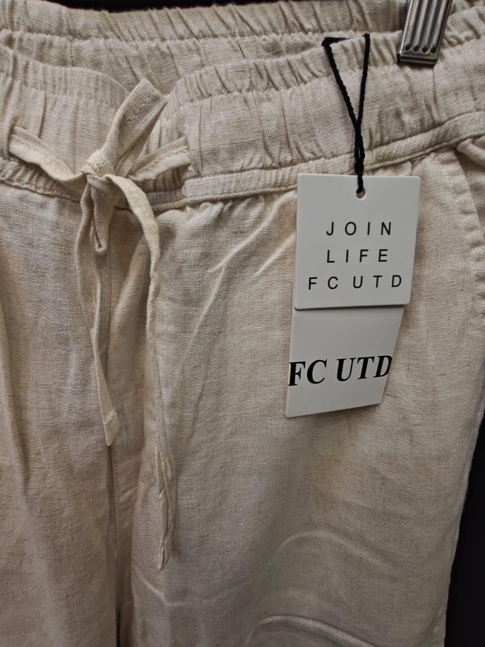 FC UTD Men's Beige Linen Blend Drawstring Relaxed Fit Trousers