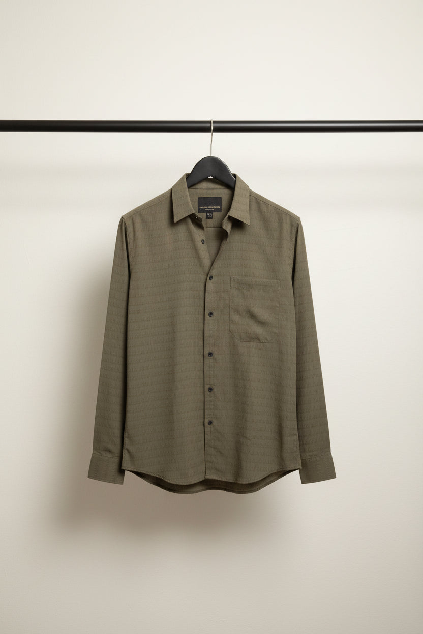 BEGINS CLOTHING Men's Olive Green Textured Long Sleeve Casual Shirt