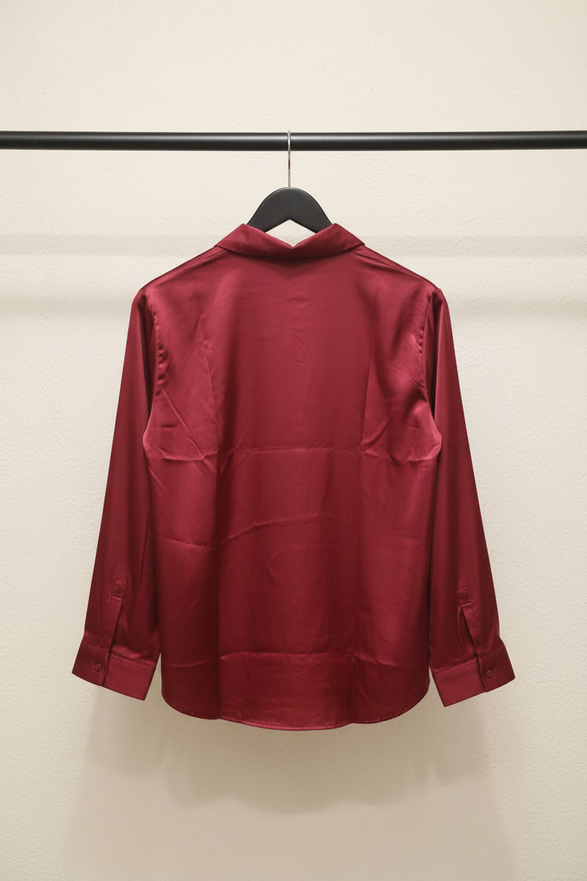 Women's Red Satin Long Sleeve Collared Shirt