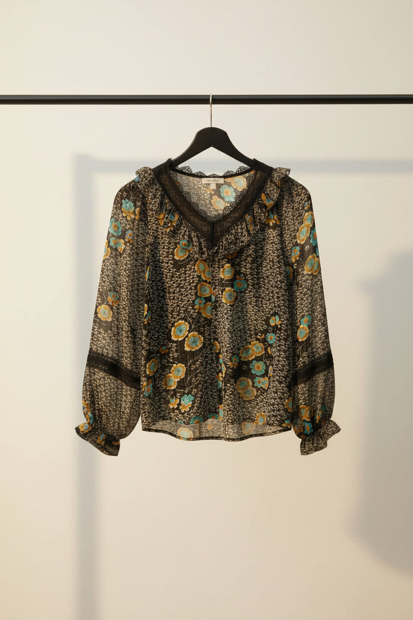 Women's Black Floral Print V-Neck Long Sleeve Blouse with Lace Trim
