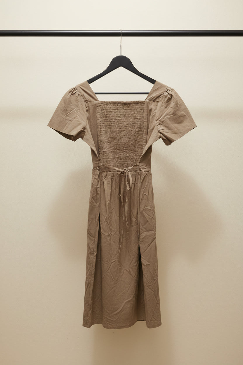 Women's Beige Square Neck Smocked Back Puff Sleeve Midi Dress