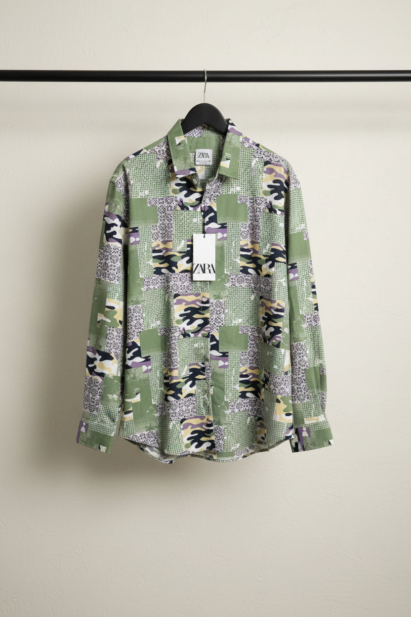 Zara Men's Multicolor Patchwork Camouflage Print Long Sleeve Shirt