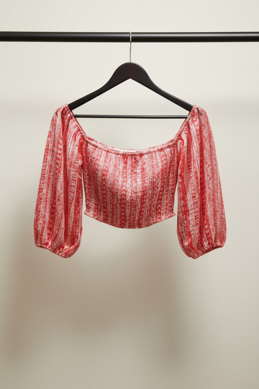 Forever 21 Red & White Patterned Off-Shoulder Crop Top
