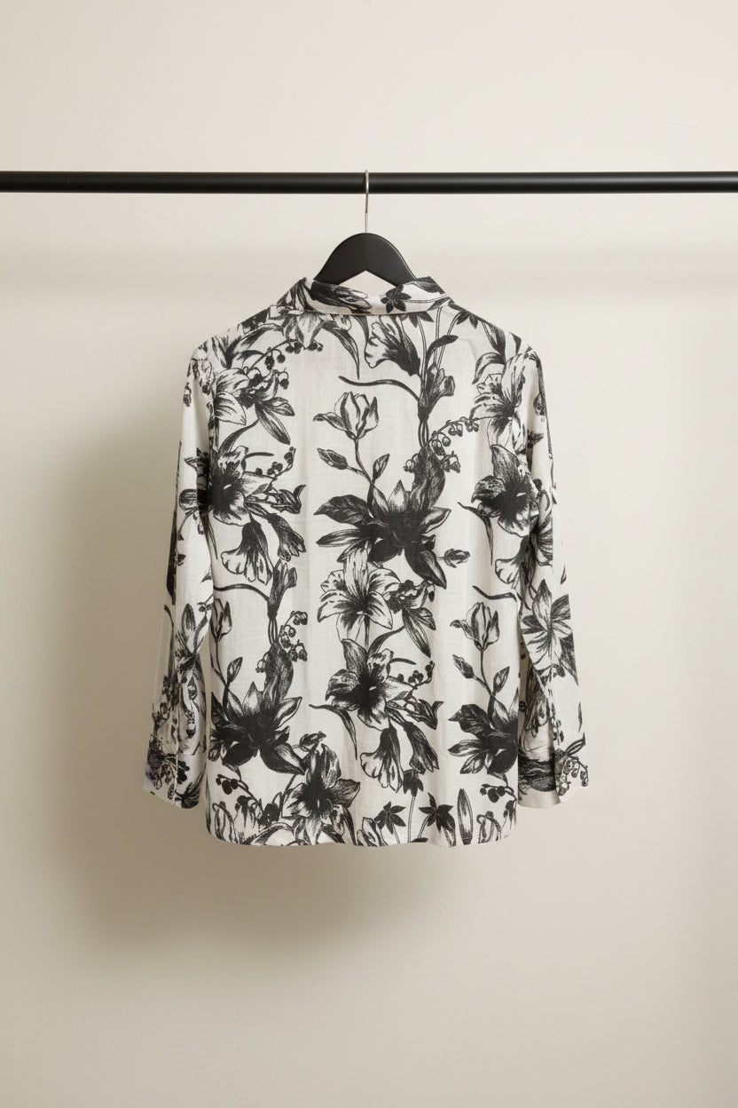Men's White & Black Floral Print Long Sleeve Button-Down Shirt