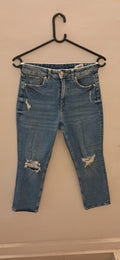 Women's Blue Distressed High Waist Straight Ankle Length Jeans by &DENIM