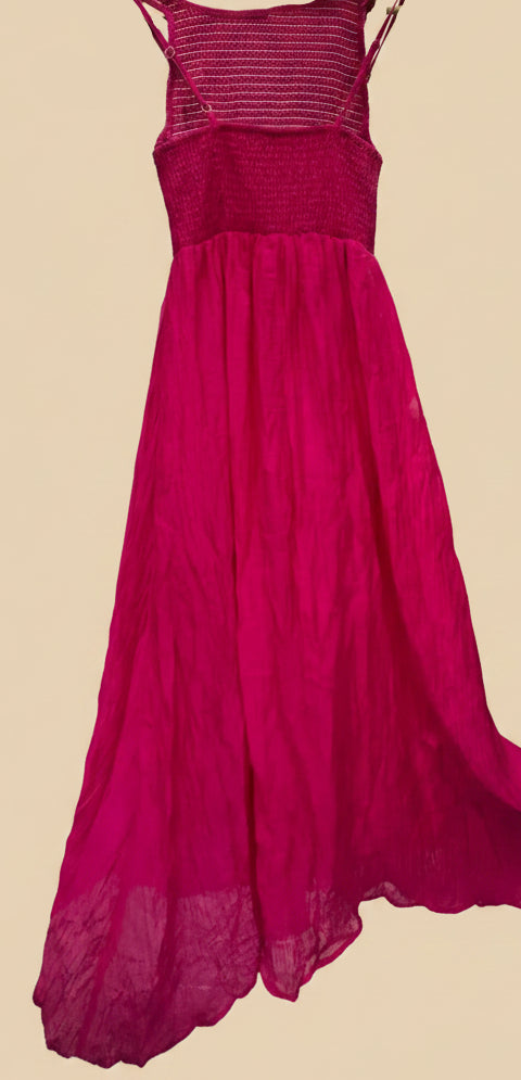 Hot Pink Smocked Bodice A-Line Maxi Dress