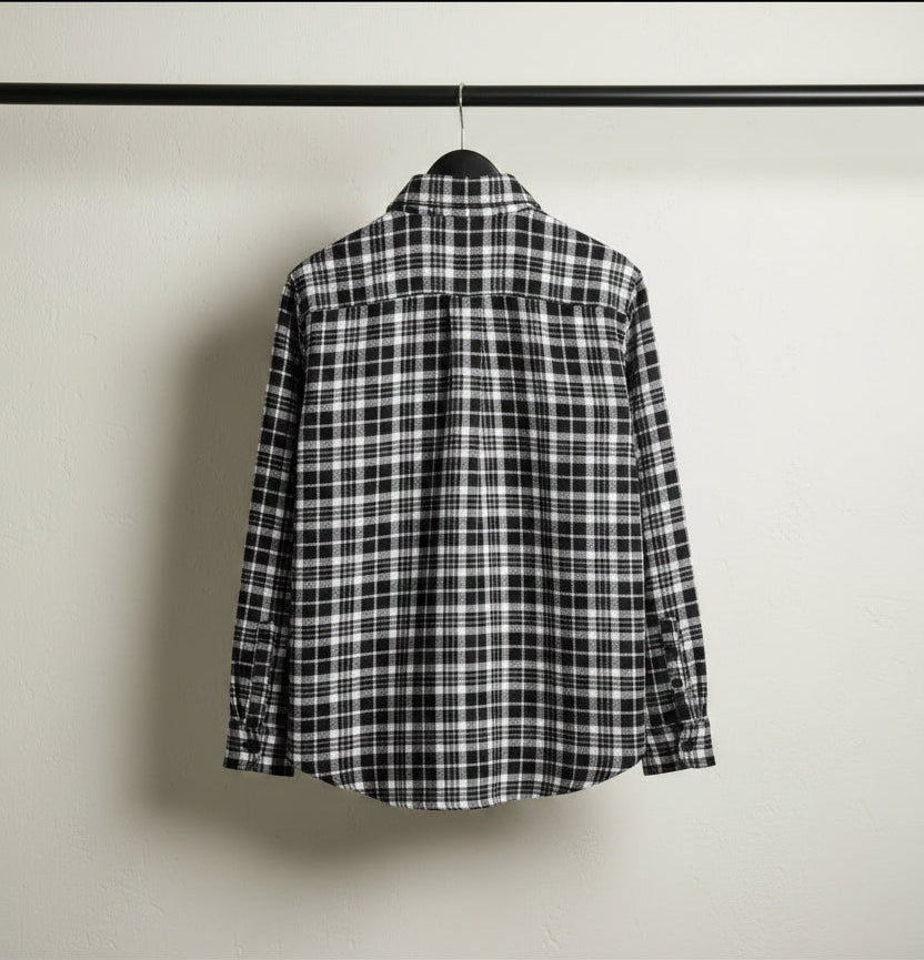 TREND BRIDGE Men's Black and White Plaid Flannel Shirt