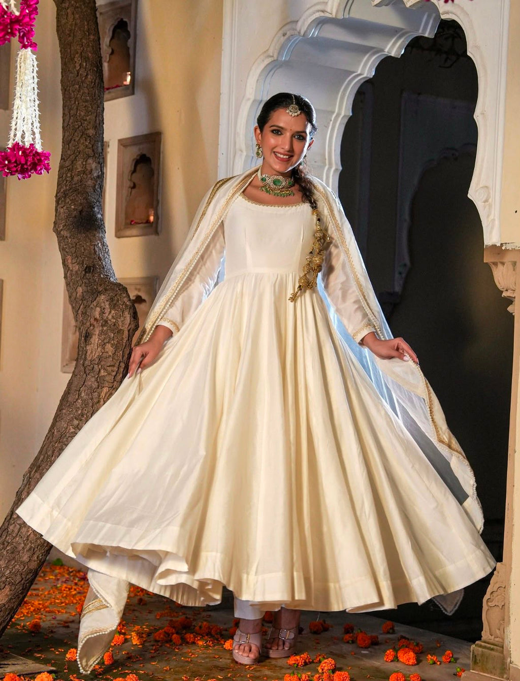 Indian Virasat White Anarkali Kurta Set with Dupatta and Pants