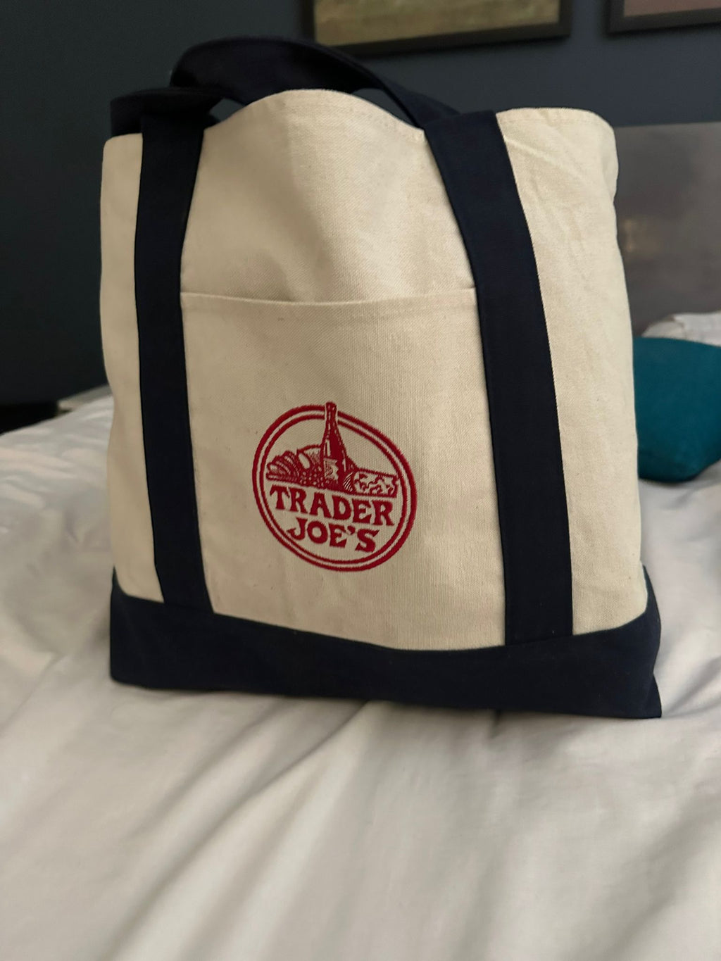 Trader Joe's Canvas Tote Bag with Navy Blue Handles