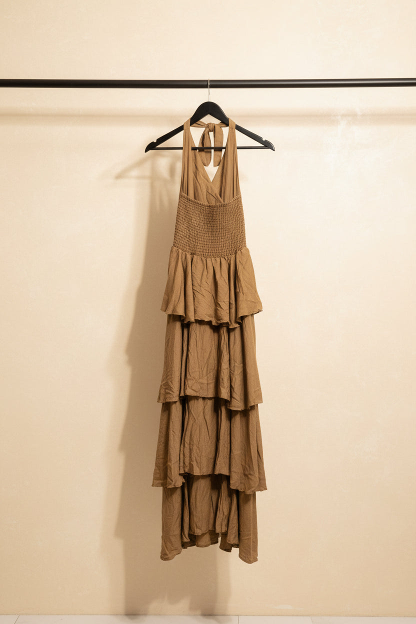 Brown Tiered Halter Neck Maxi Dress