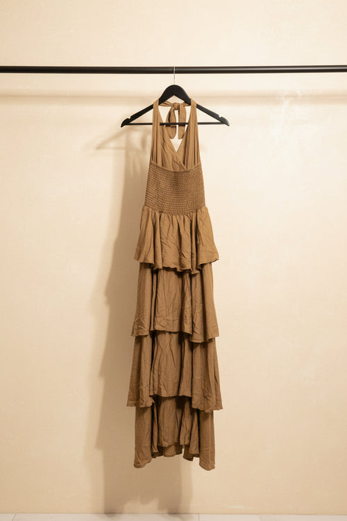 Brown Tiered Halter Neck Maxi Dress