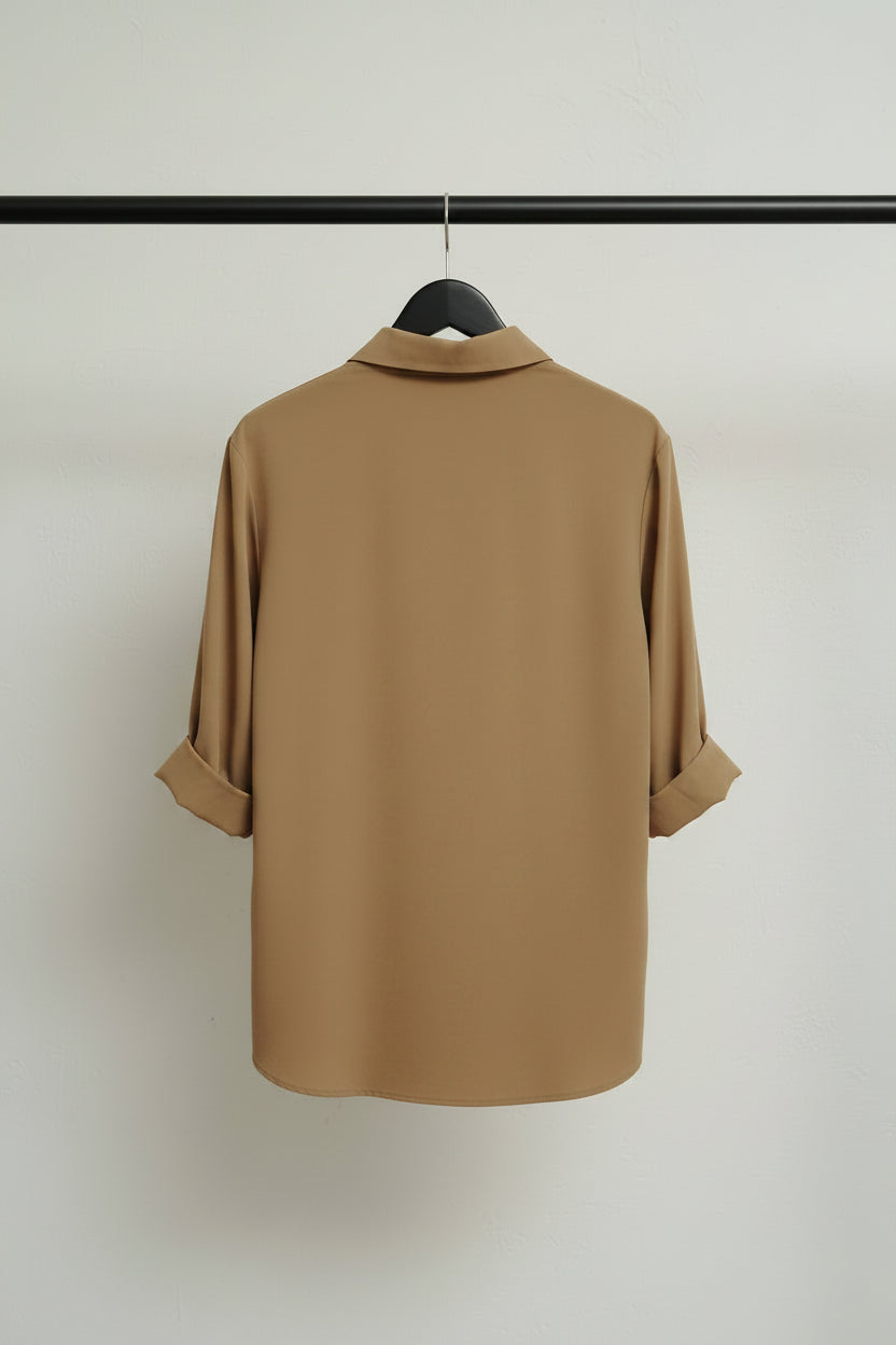 Uniqlo Women's Tan 3/4 Sleeve Collared Blouse