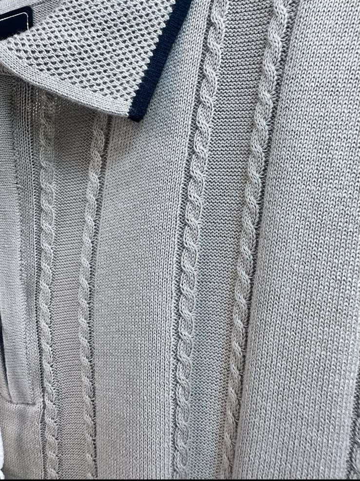 ZERA CLUB Men's Beige Cable Knit Polo Shirt with Zipper