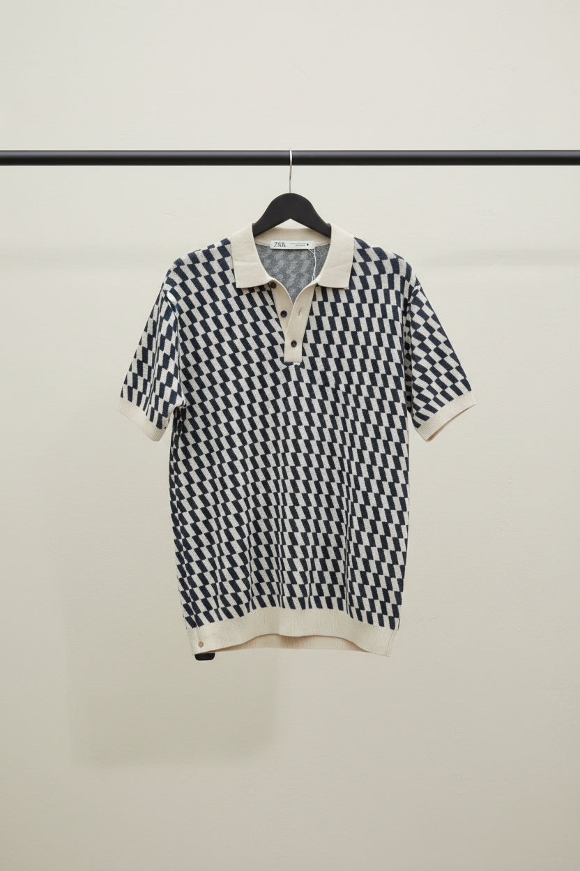 ZARA Men's Geometric Pattern Knitted Polo Shirt