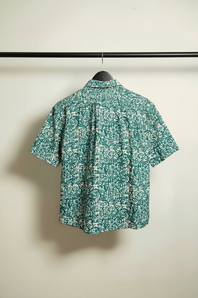 ONNY Men's Teal & White Leaf Print Short Sleeve Casual Shirt