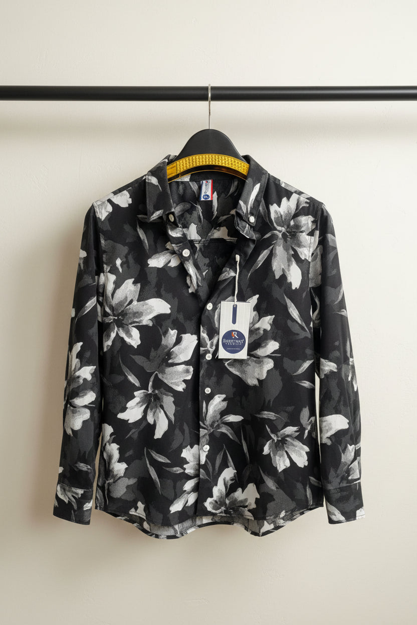 Men's Black and White Floral Print Full Sleeve Casual Shirt