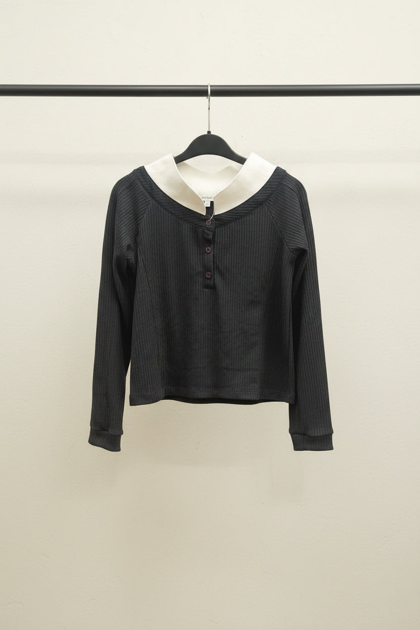 M&S Black Ribbed Long Sleeve Button-Front Top