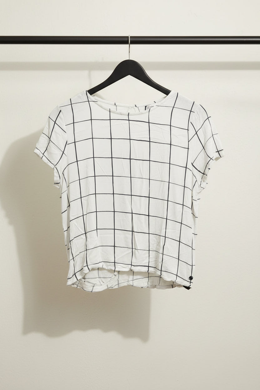 Zara White Grid Pattern Short Sleeve Crop Top