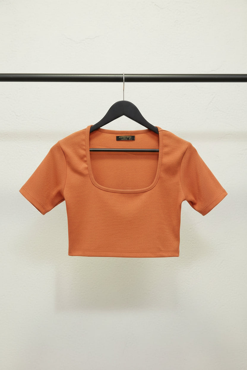 Women's Orange Ribbed Square Neck Crop Top