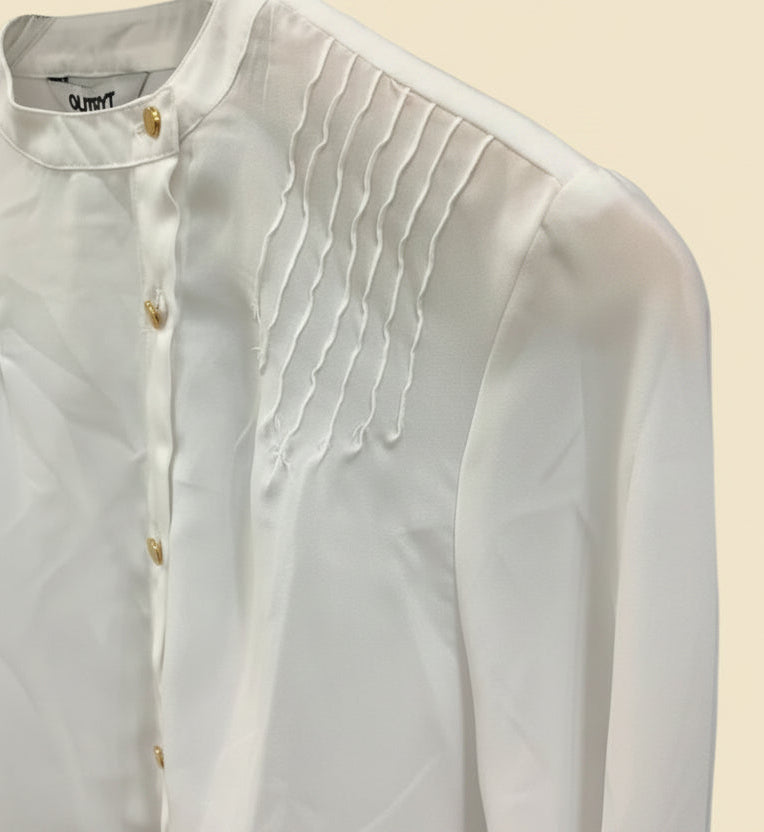 OUTRYT Women's White Long Sleeve Collared Blouse with Gold Buttons