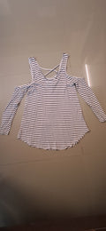 Women's Black and White Striped Cold Shoulder Top by NUON