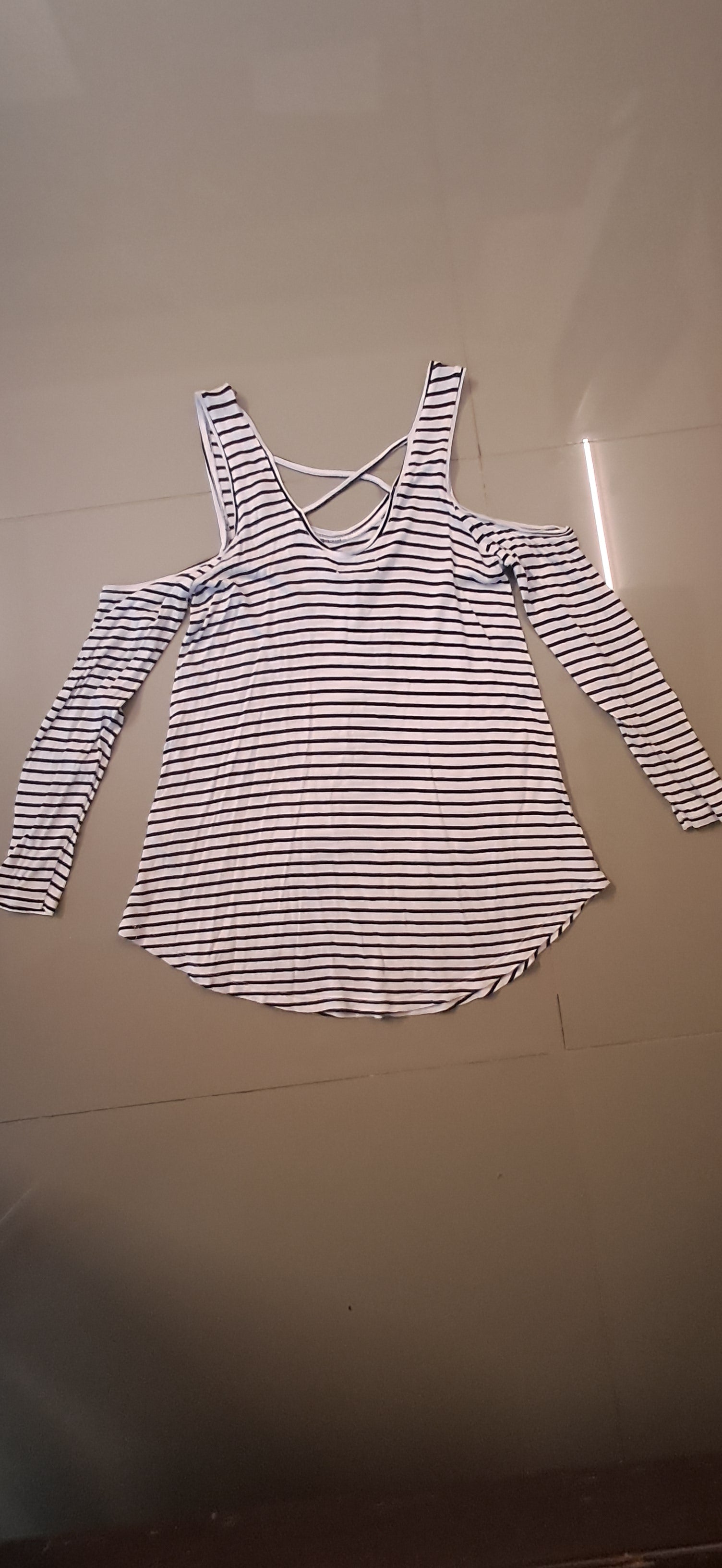 Women's Black and White Striped Cold Shoulder Top by NUON