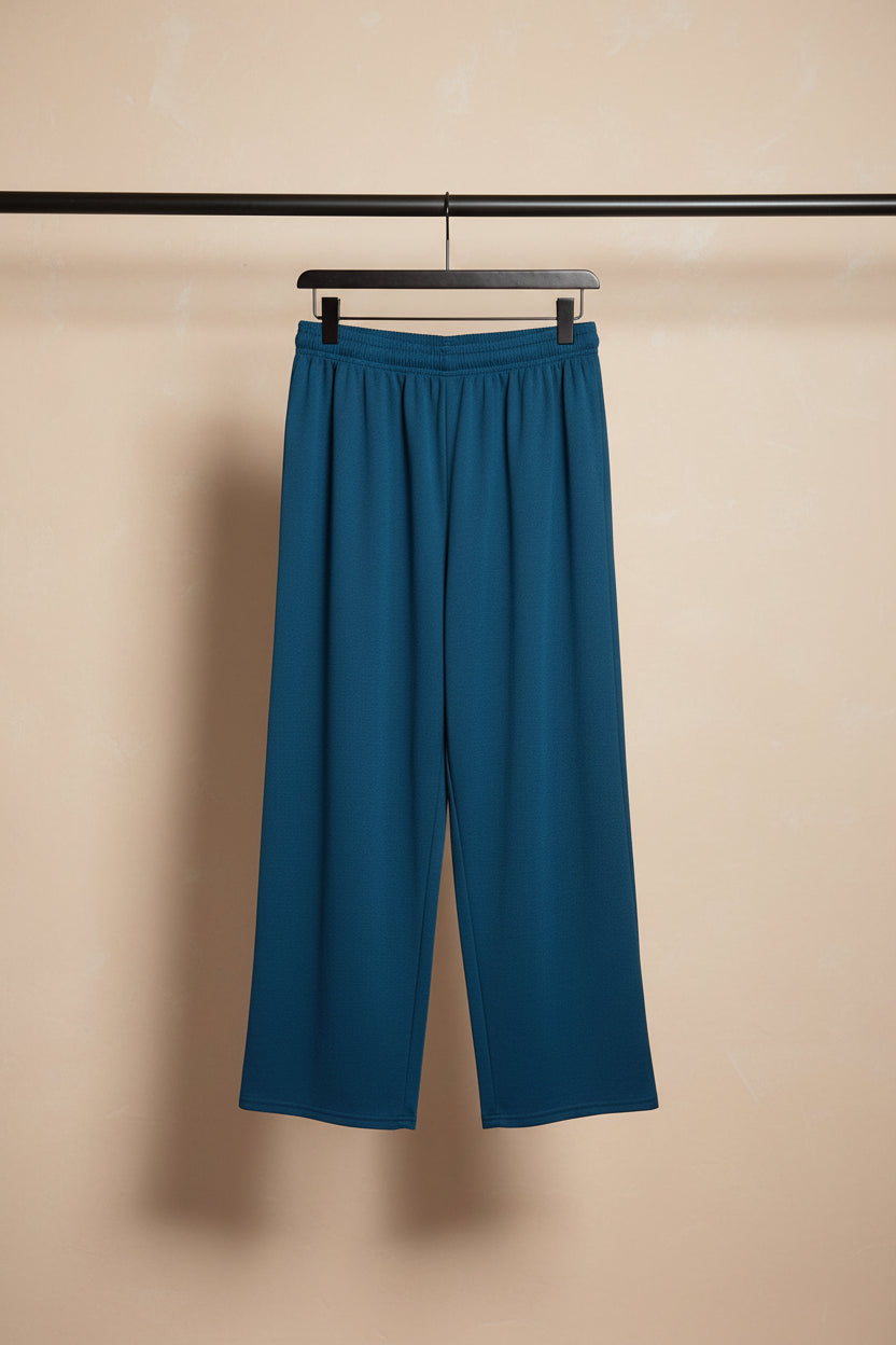 Women's Teal Blue Ribbed Drawstring Wide Leg Trousers