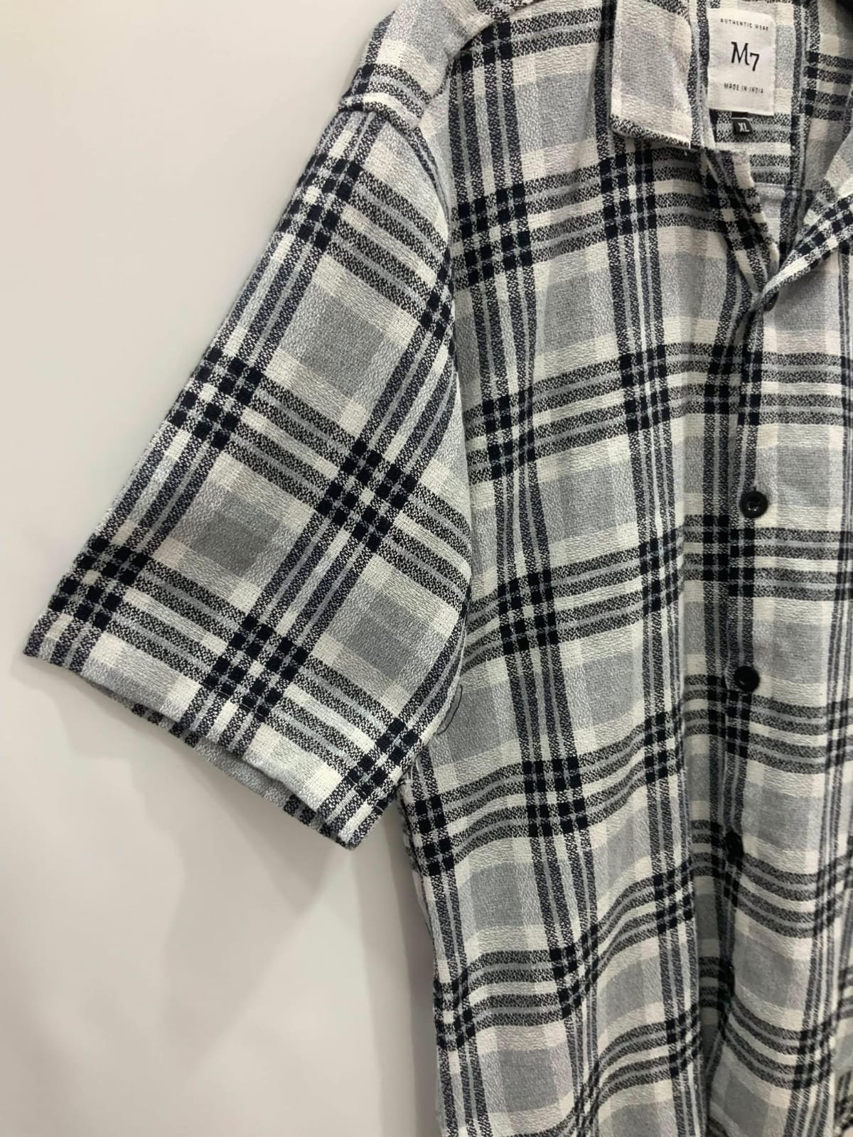 M7 Men's Grey and Black Plaid Short Sleeve Casual Shirt