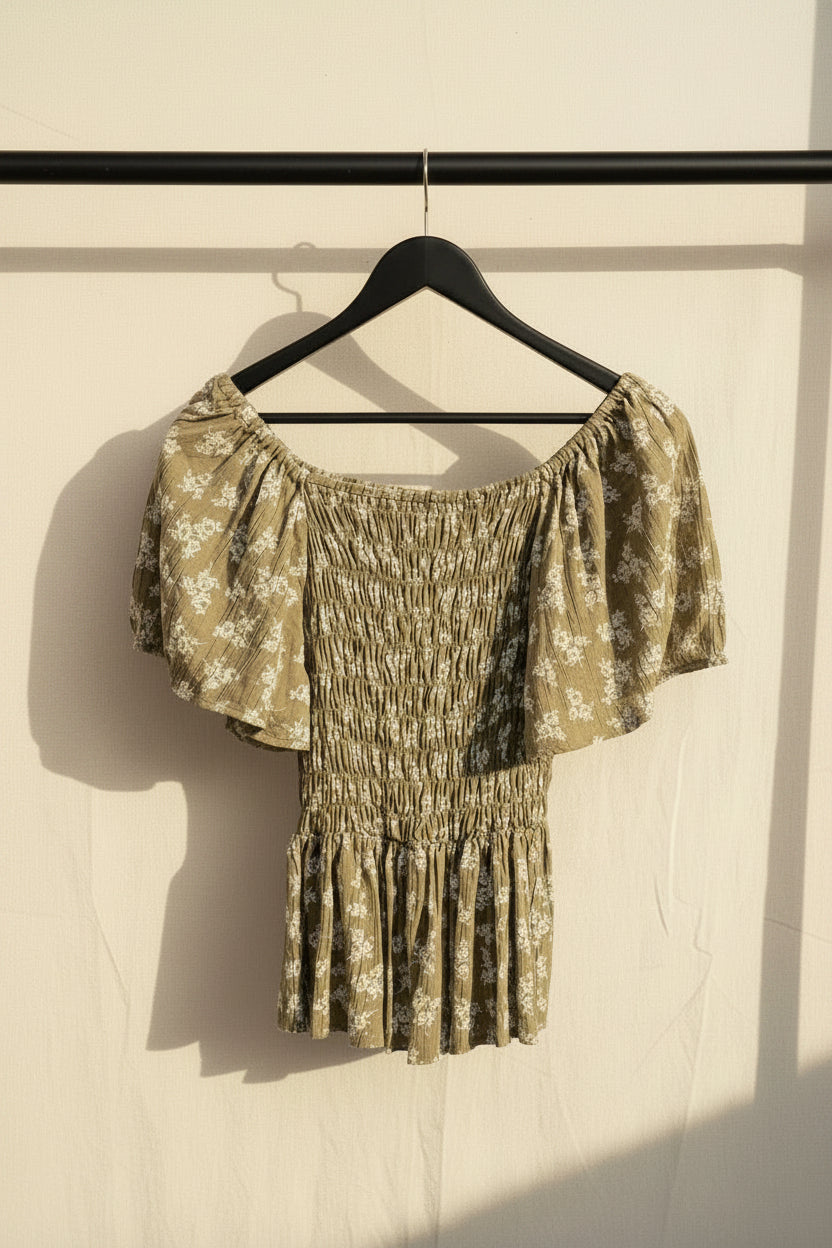 Angie Women's Green Floral Smocked Off-Shoulder Top