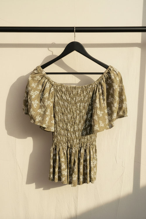 Angie Women's Green Floral Smocked Off-Shoulder Top