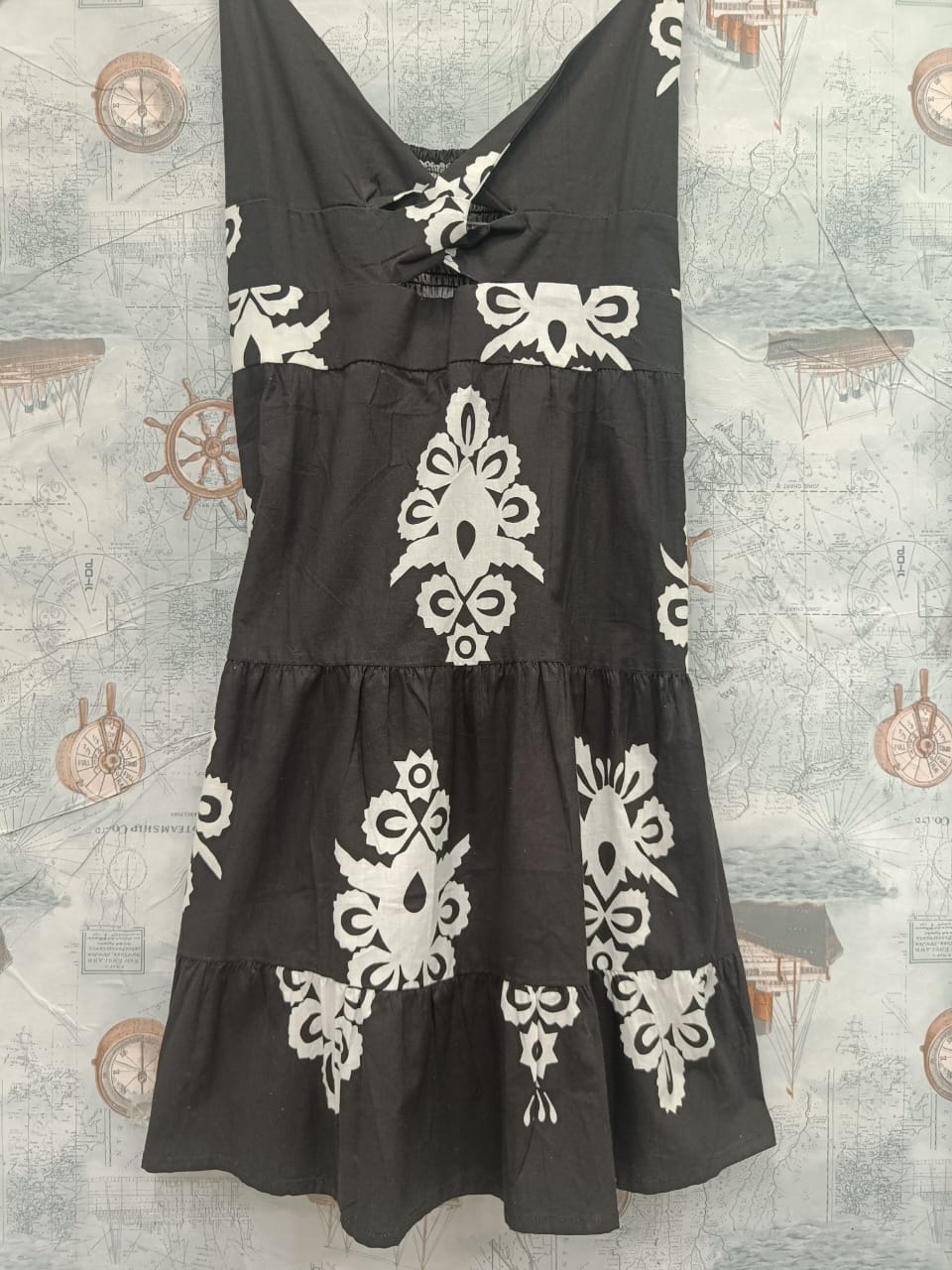 Women's Black and White Printed Tiered Mini Dress