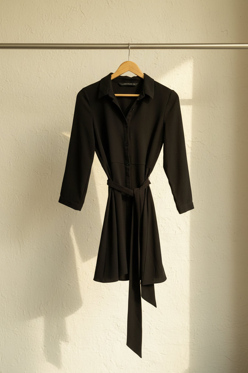 Zara Woman Black Collared Button-Front Belted Mini Dress