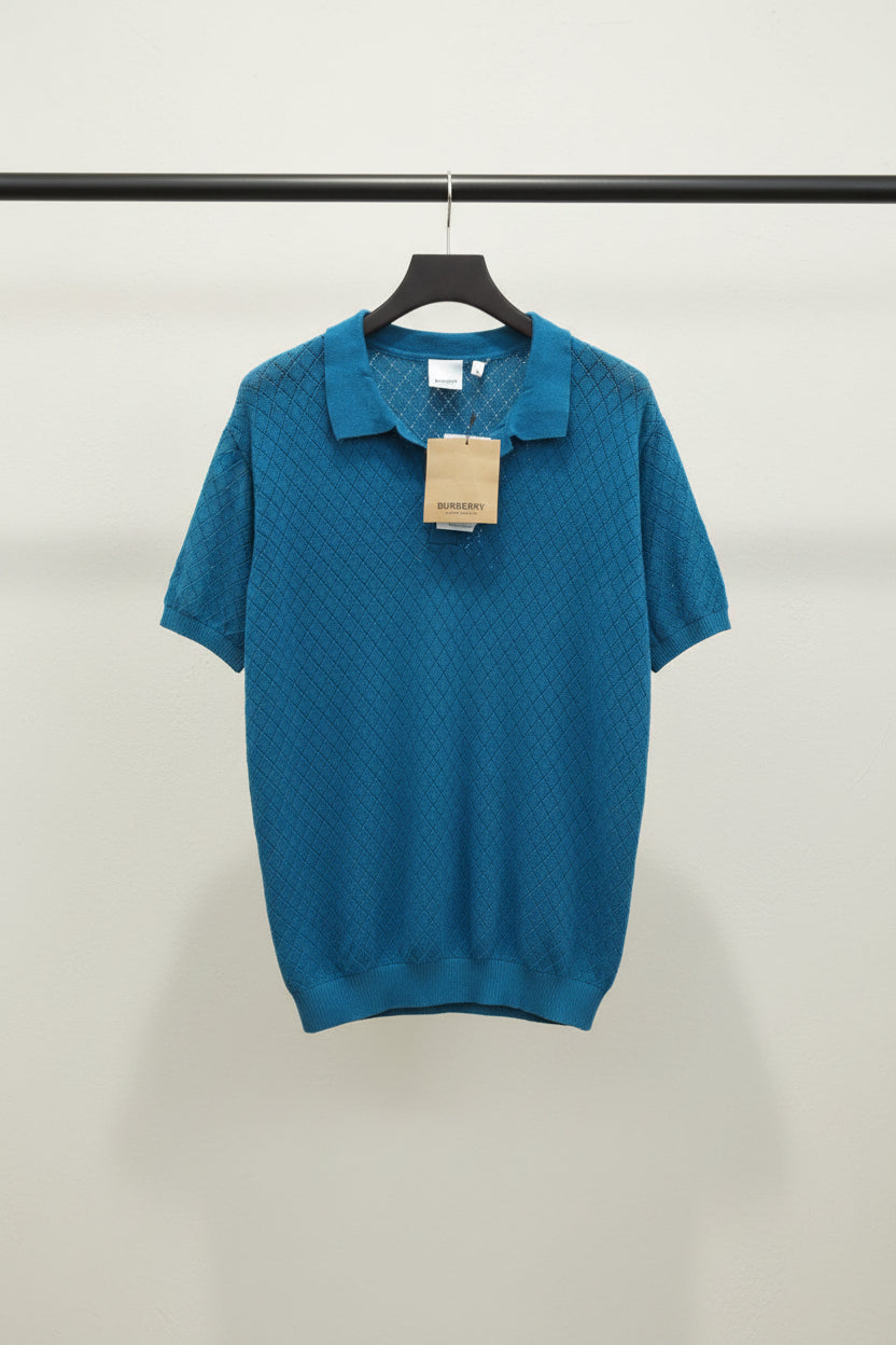 Burberry Men's Teal Knit Polo Shirt with Diamond Pattern, Size XL
