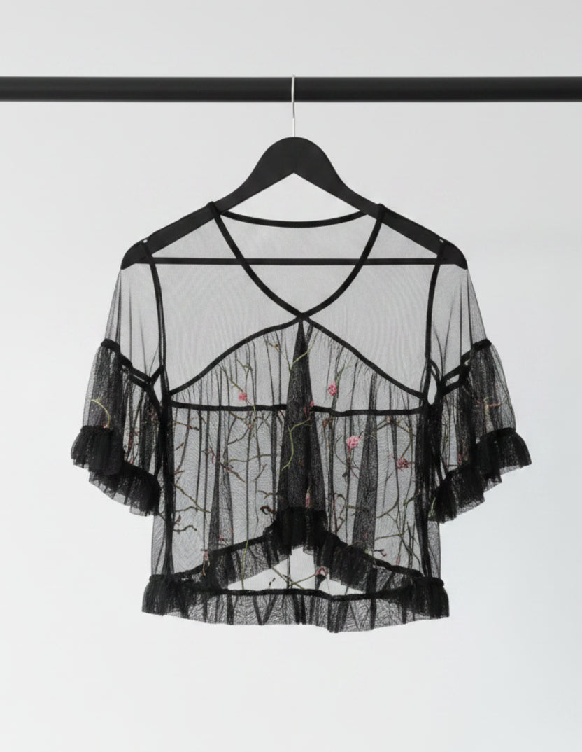 Women's Black Sheer Floral Embroidered Ruffle Crop Top