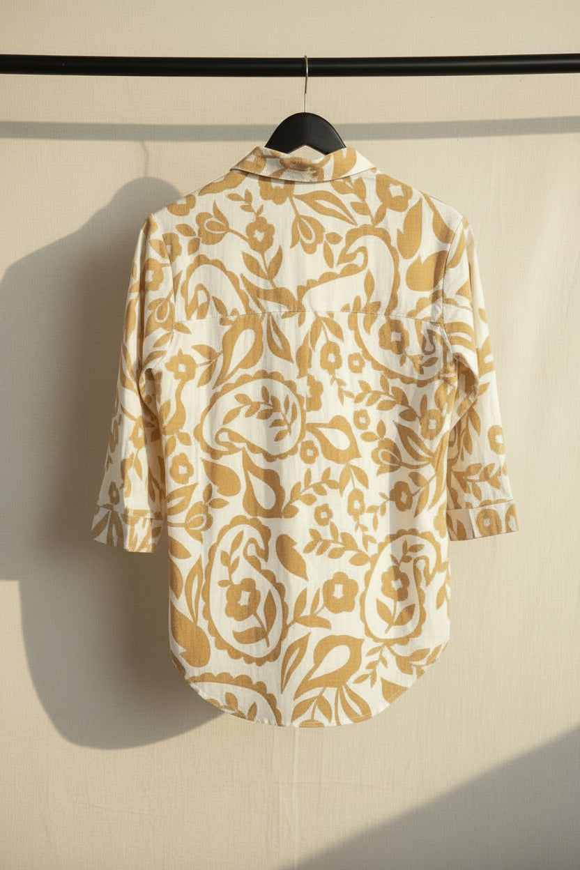 White and Brown Floral Print 3/4 Sleeve Collared Shirt