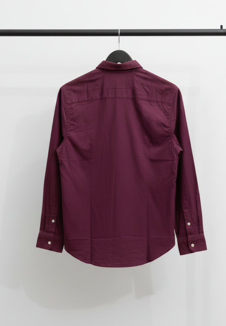 Men's Maroon Band Collar Long Sleeve Casual Shirt