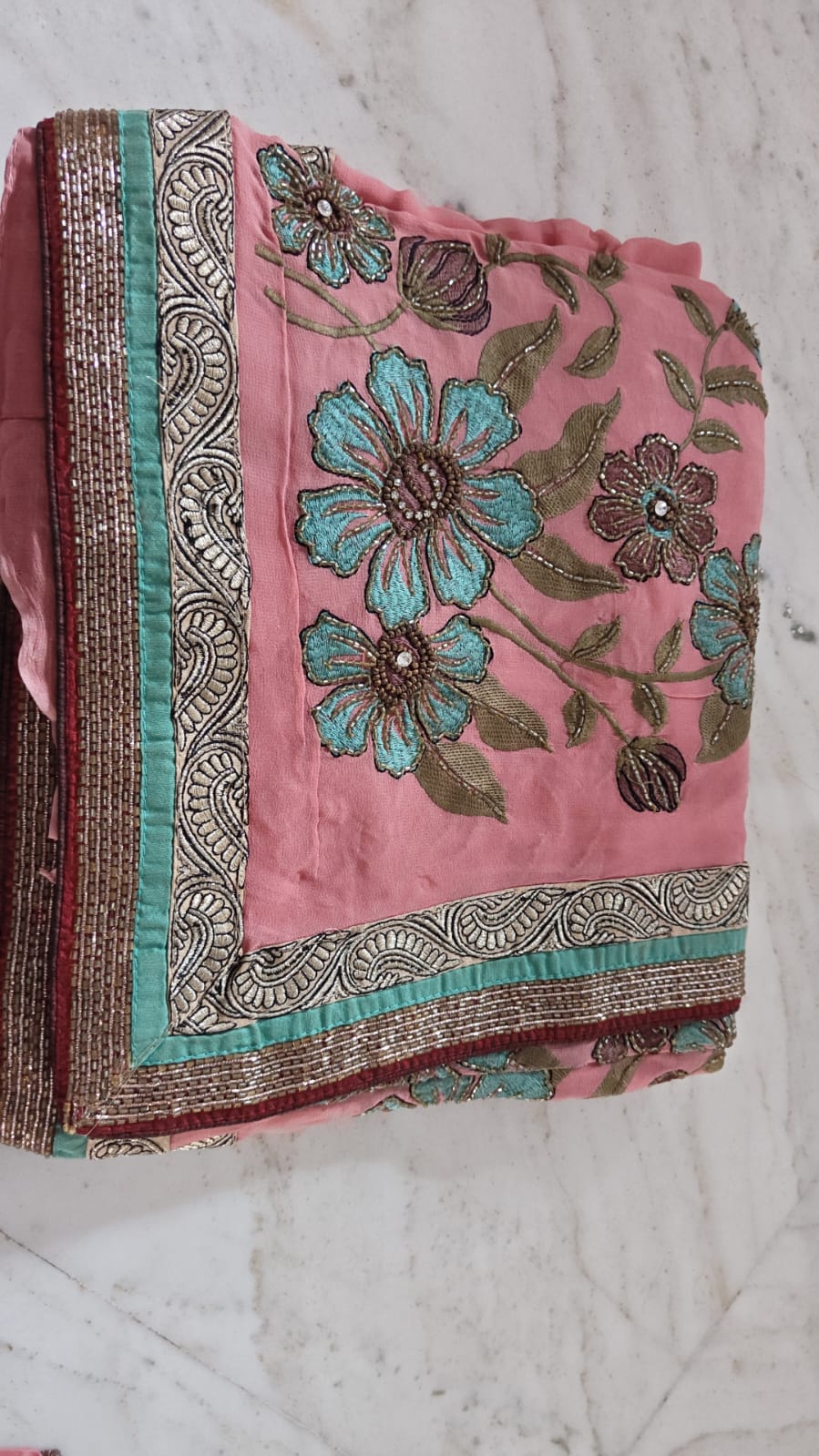 Women's Pink Embroidered Chiffon Saree with Sequin Work