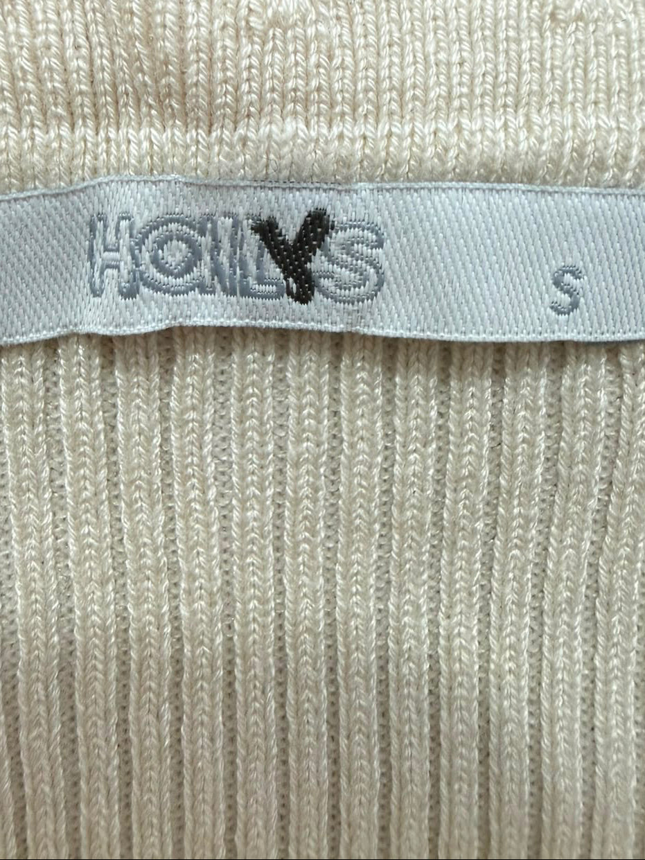 HOLLYS Women's Off-White Ribbed Knit V-Neck Button-Front Short Sleeve Top