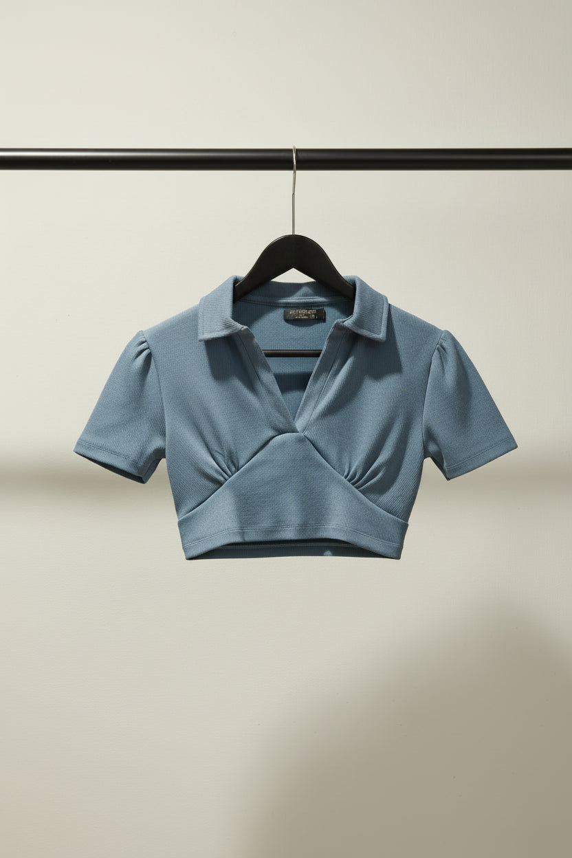 ATTIR HUB Women's Sky Blue Ribbed Collared Crop Top