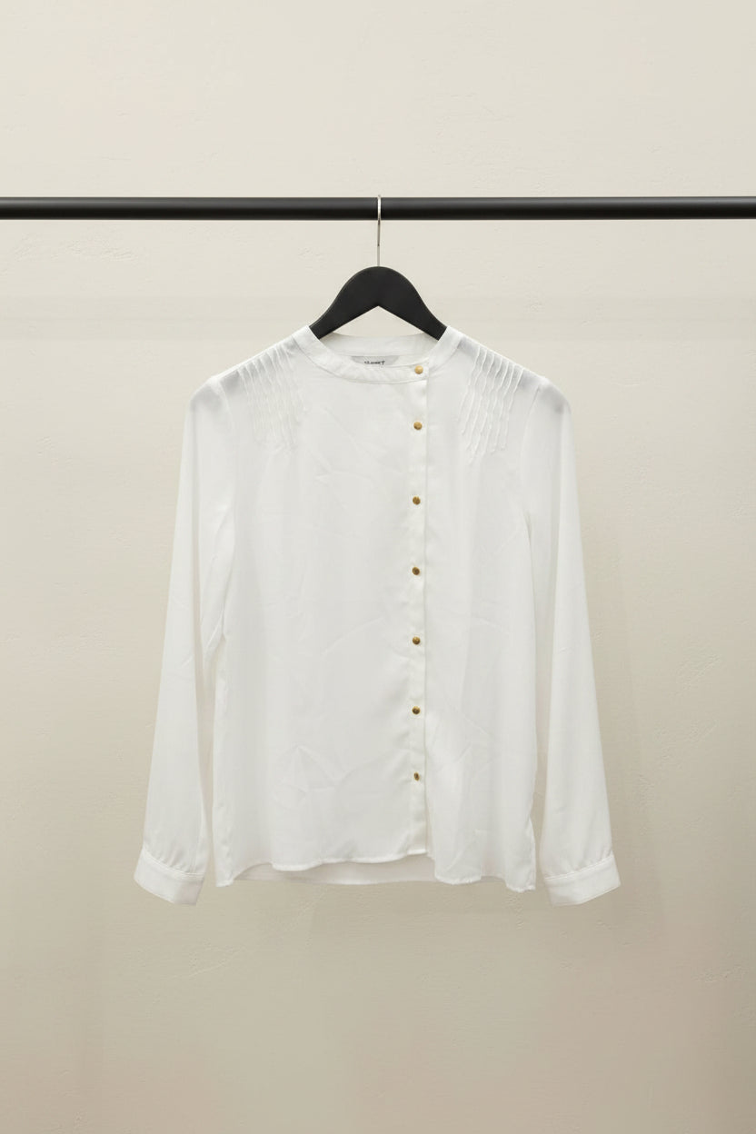 OUTRYT Women's White Long Sleeve Collared Blouse with Gold Buttons