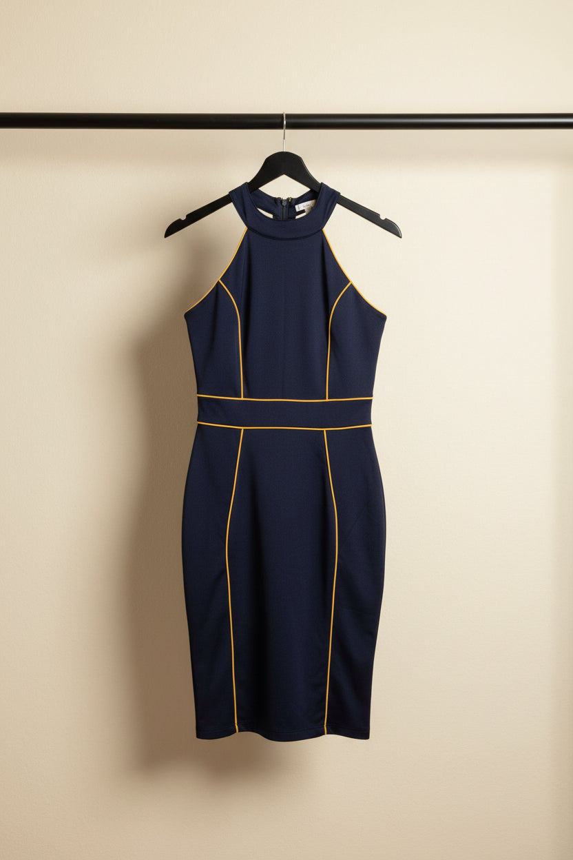 Women's Navy Blue Halterneck Bodycon Mini Dress with Yellow Piping