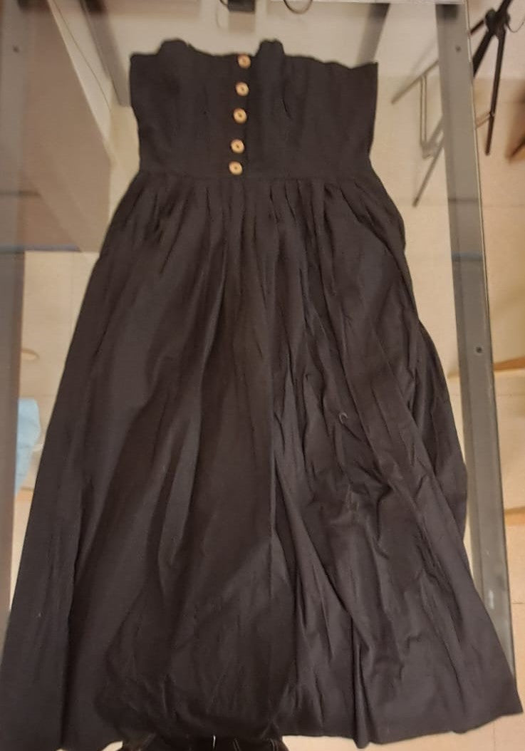 THE LABEL LIFE.com Black Strapless Smocked Bodice Maxi Dress with Wooden Buttons
